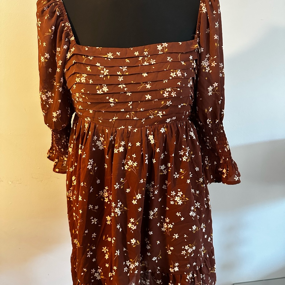 Blue Rain Floral Long Sleeve Dress in Brown